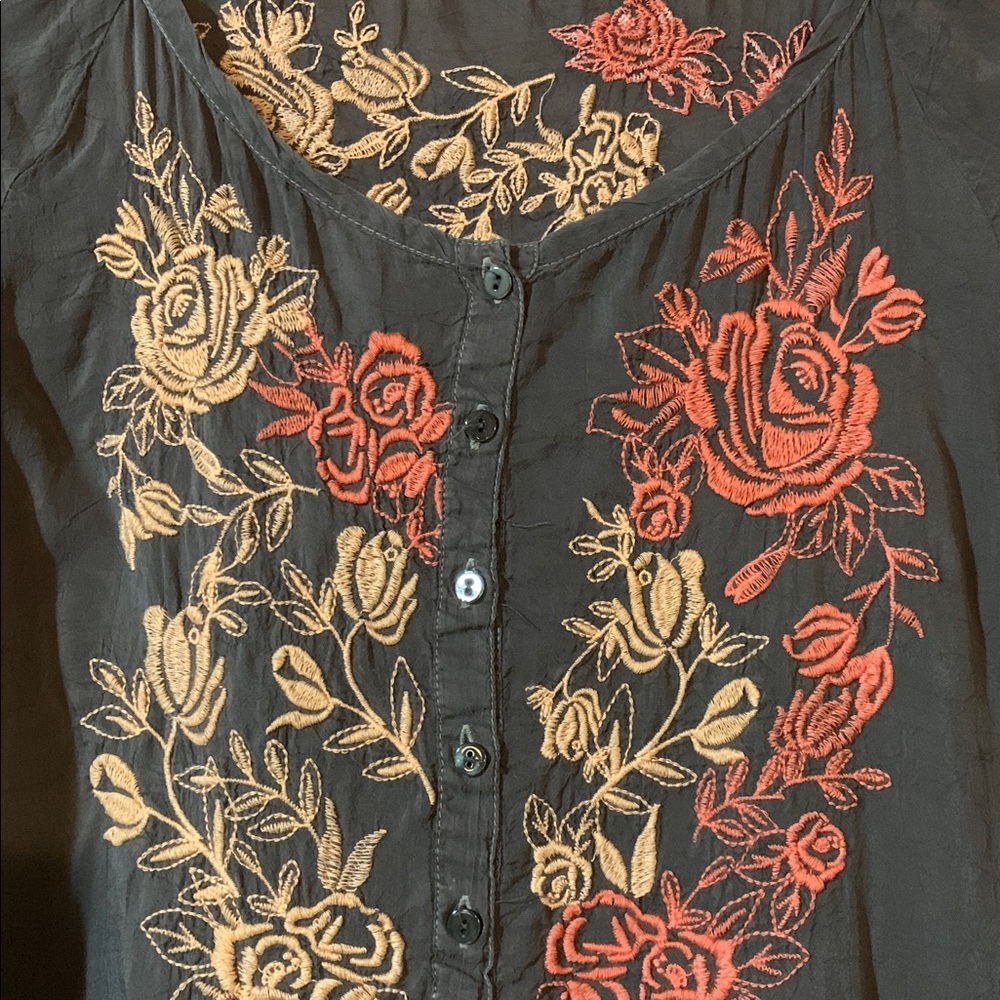Johnny Was Charcoal Top with Red and tan Floral Embroidery